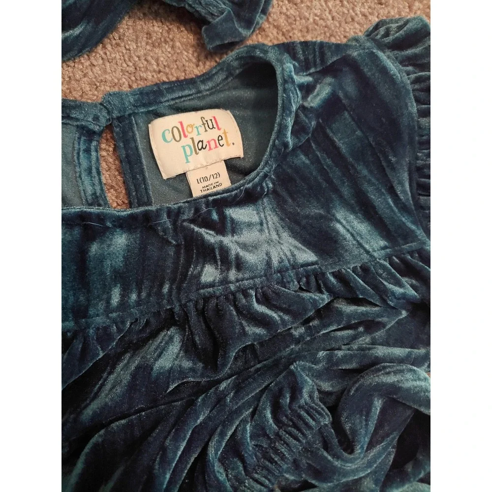 Colorful Planet Girls Teal Blue Crushed Velvet Tiered Ruffle Dress Size L 10/12